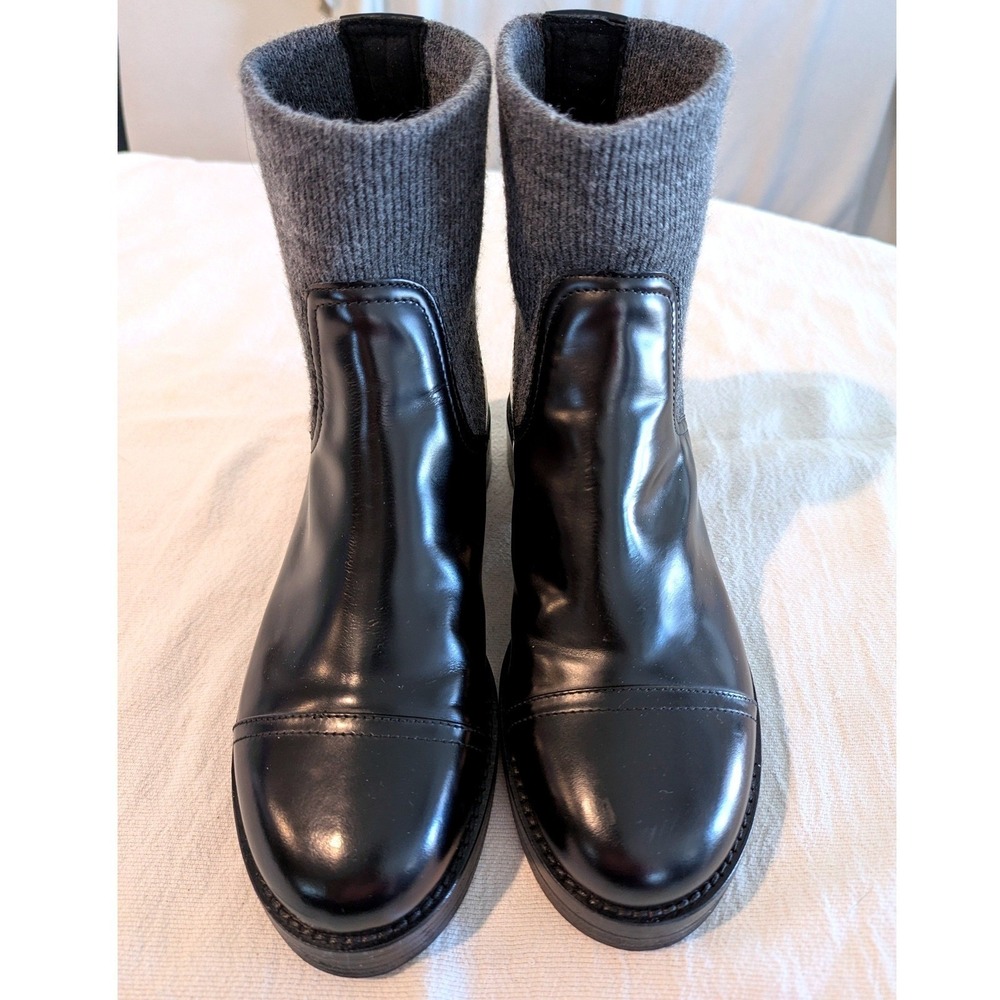 J Crew Factory Black Leather Sock Boots Womens 8 Gray Knit Pull On Ankle Boots